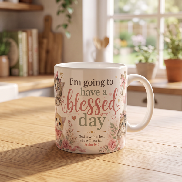 Christian Cat Mug, Blessed Day Kitten Cup, Psalm 46:5 Gift