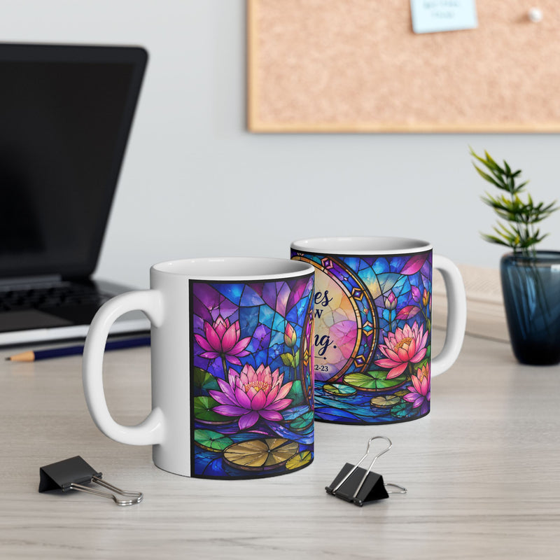 His mercies are new every morning Ceramic Mug | Lamentations 3:22-23, stained glass lotus design