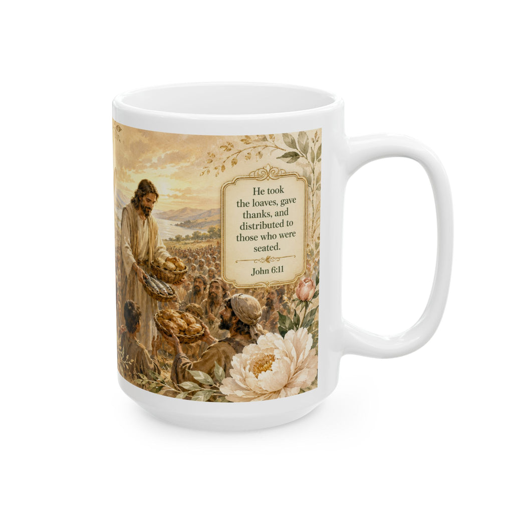 Jesus Feeds the Multitude Bible Verse Coffee Cup, Faith Gift