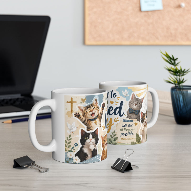 Christian Cat Mug, Blessed Day Coffee Cup, Matthew 19:26 Gift
