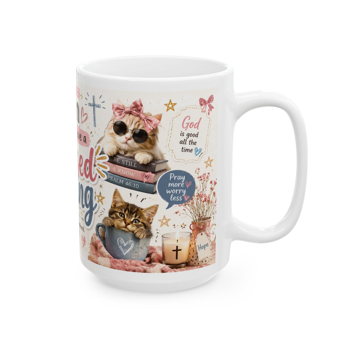 Blessed Evening mug | Christian Psalm 23:1 faith coffee cup with cat floral illustrations