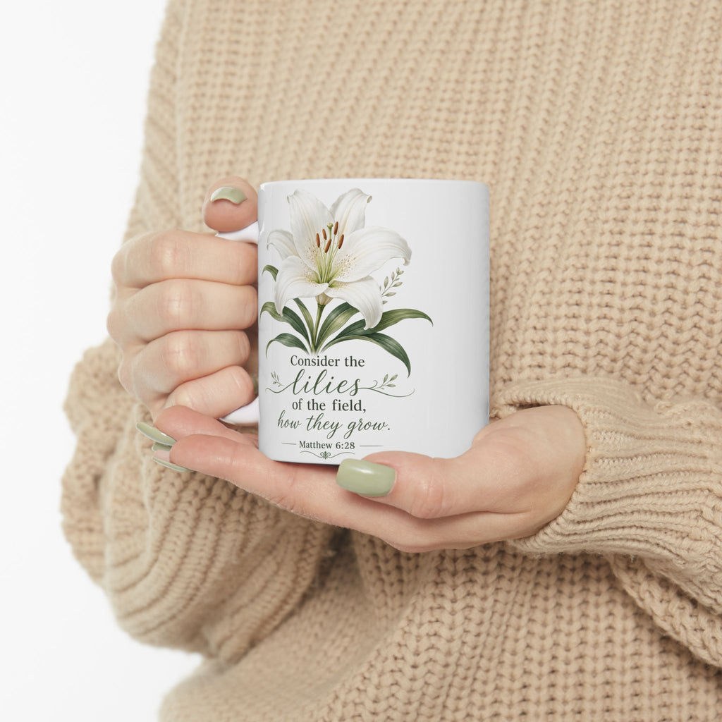 White Lily Floral Illustration Mug