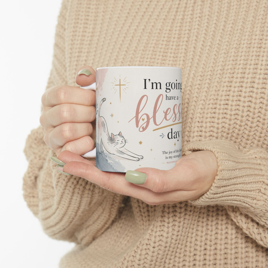 Christian Cat Mug, Blessed Day Coffee Cup, Nehemiah 8:10 Gift