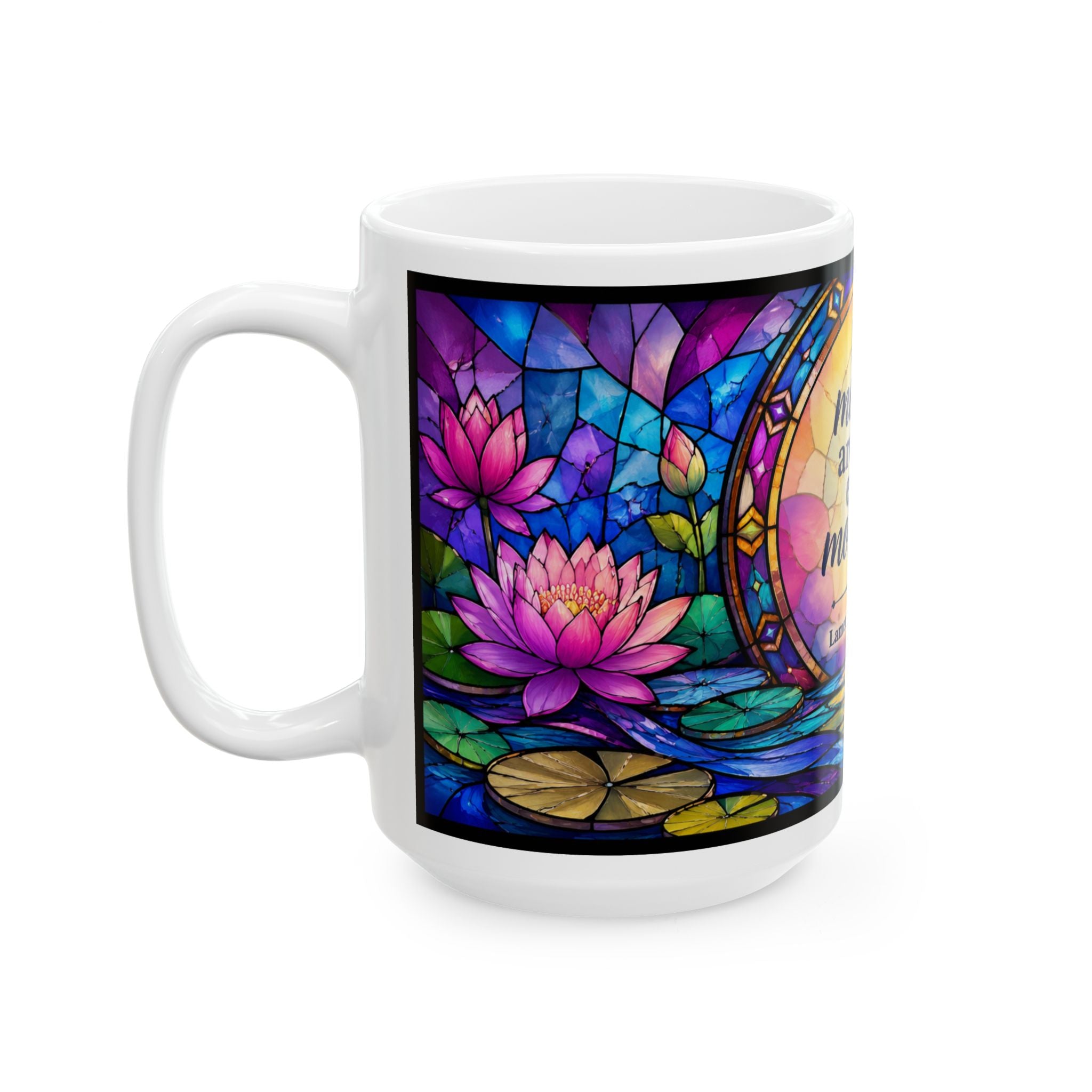 His mercies are new every morning Ceramic Mug | Lamentations 3:22-23, stained glass lotus design