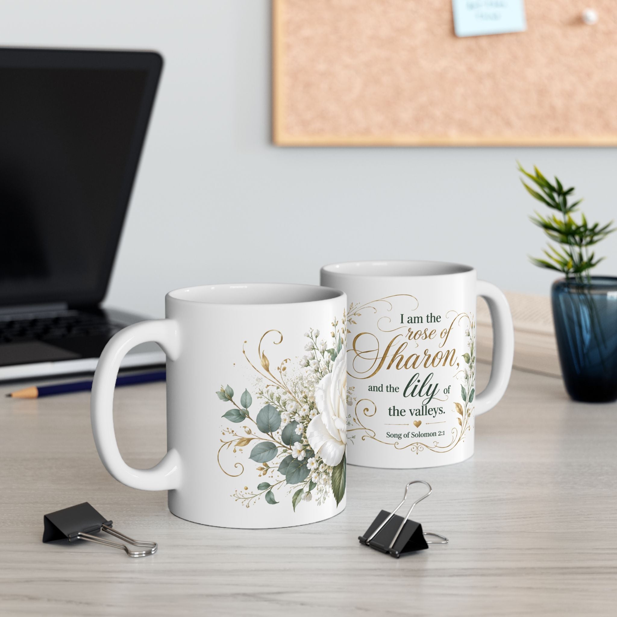 White Rose Floral Script Mug