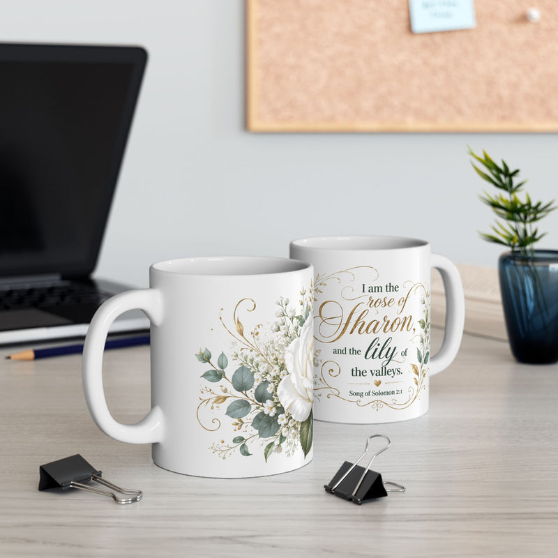 White Rose Floral Script Mug