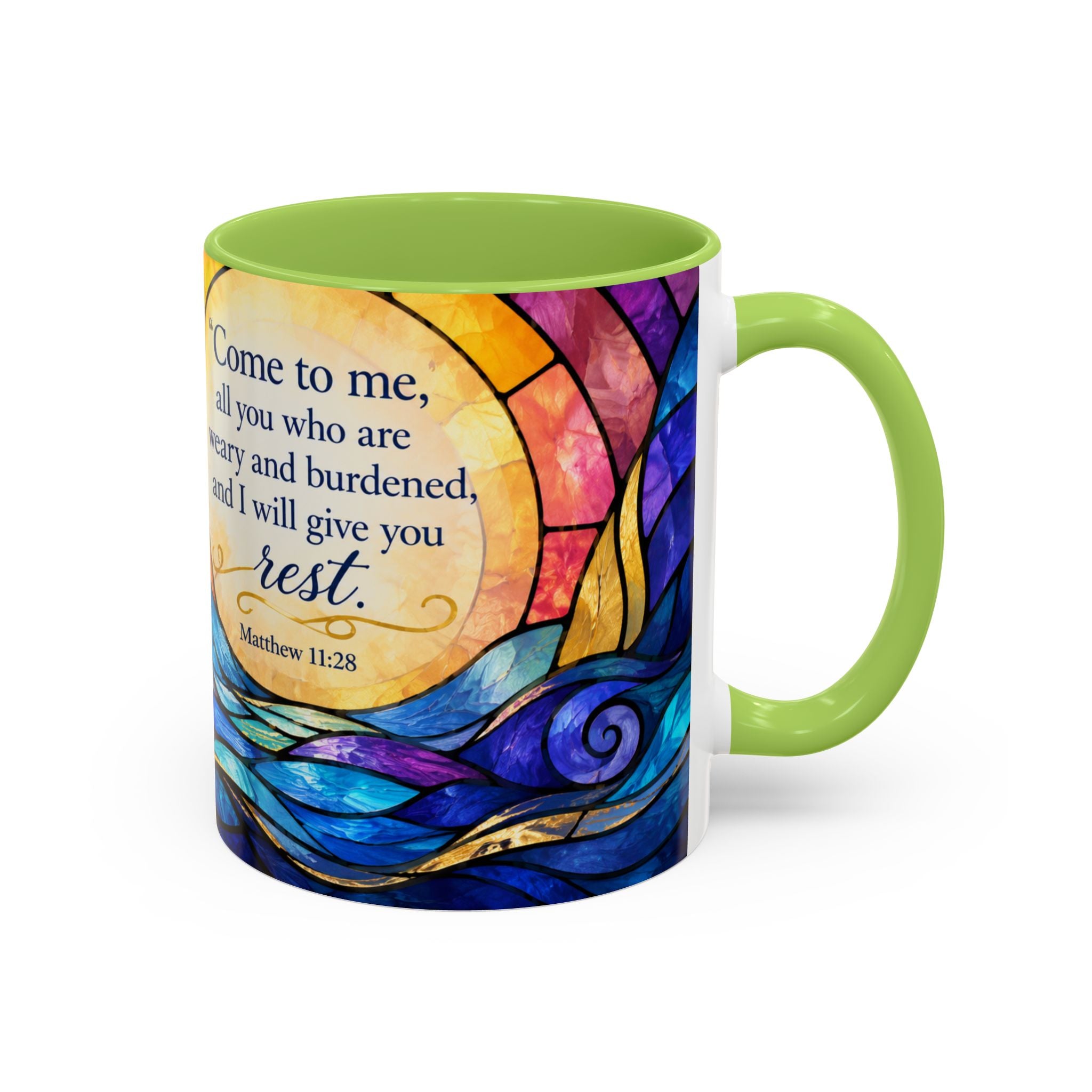 Matthew 11:28 Bible Verse Mug, Christian Coffee Cup, Come To Me All Who Are Weary Mug, Stained Glass Scripture Gift, Faith Prayer Mug