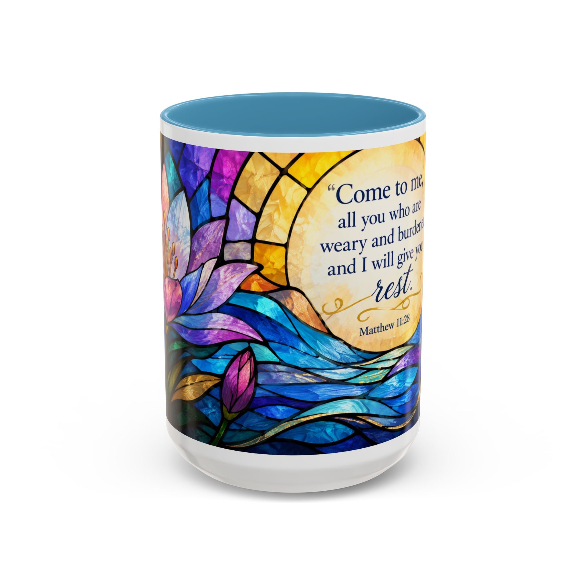 Matthew 11:28 Bible Verse Mug, Christian Coffee Cup, Come To Me All Who Are Weary Mug, Stained Glass Scripture Gift, Faith Prayer Mug