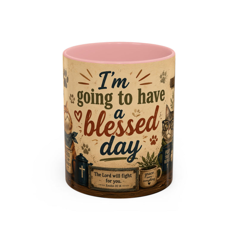 Christian Cat Mug, Blessed Day Coffee Cup, Exodus 14:14 Gift