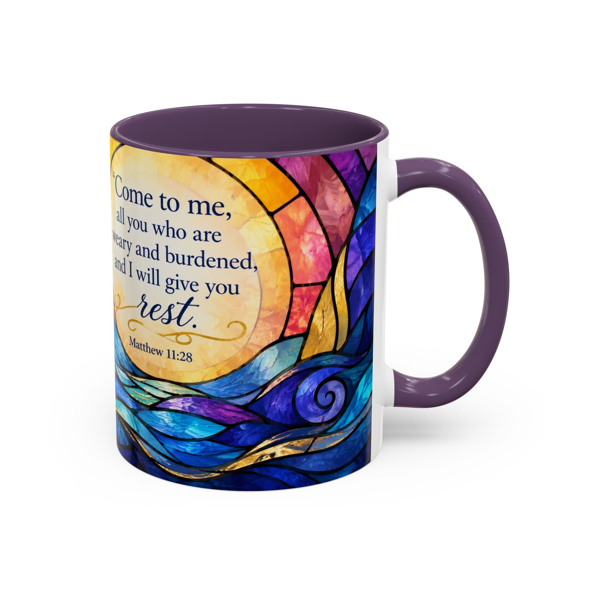 Matthew 11:28 Bible Verse Mug, Christian Coffee Cup, Come To Me All Who Are Weary Mug, Stained Glass Scripture Gift, Faith Prayer Mug