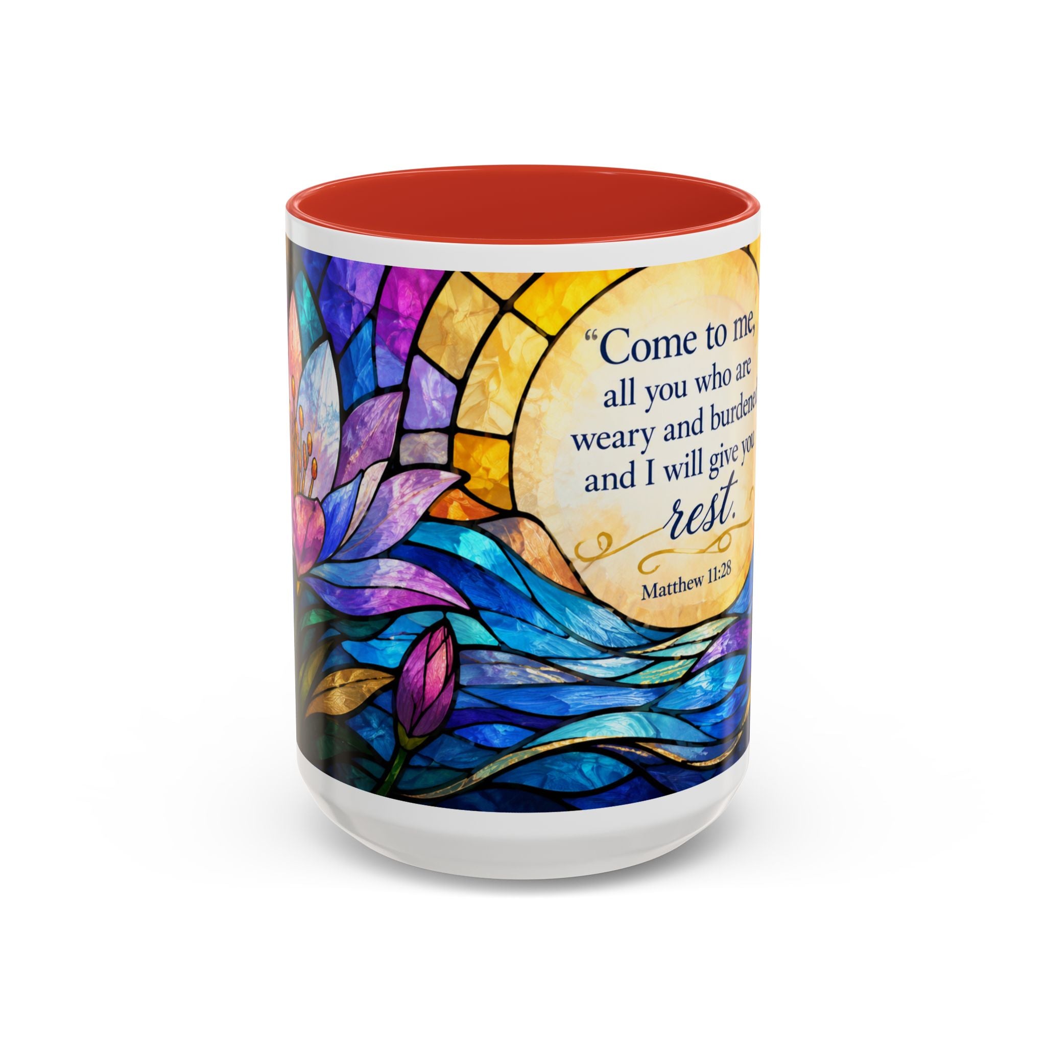 Matthew 11:28 Bible Verse Mug, Christian Coffee Cup, Come To Me All Who Are Weary Mug, Stained Glass Scripture Gift, Faith Prayer Mug