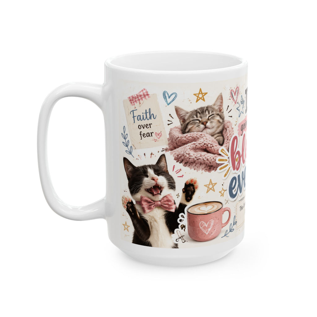 Blessed Evening mug | Christian Psalm 23:1 faith coffee cup with cat floral illustrations