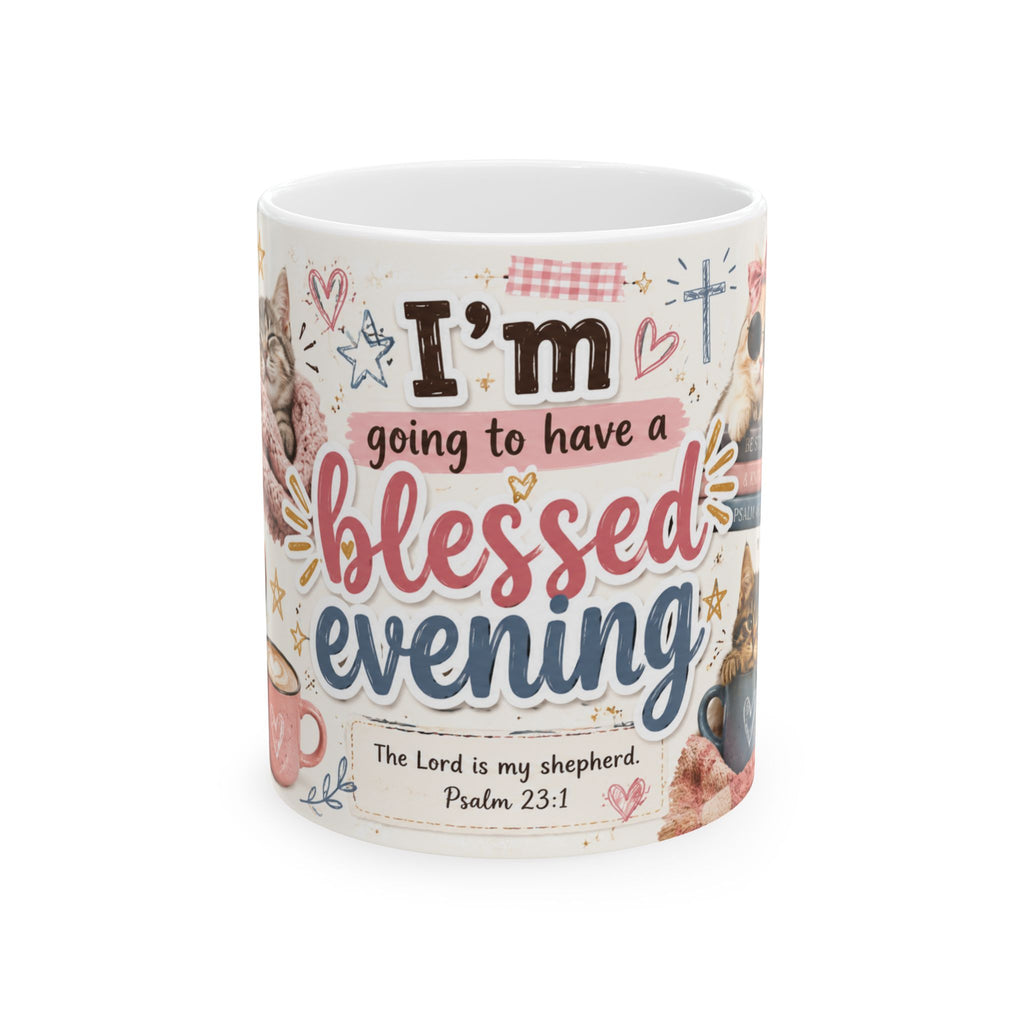 Blessed Evening mug | Christian Psalm 23:1 faith coffee cup with cat floral illustrations