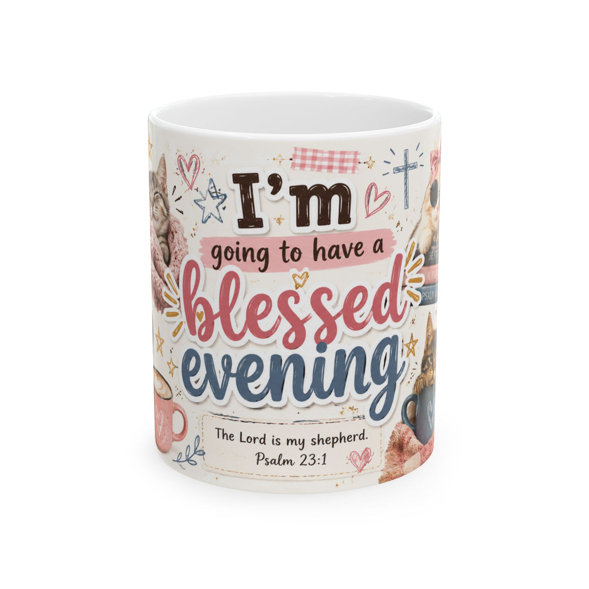 Blessed Evening mug | Christian Psalm 23:1 faith coffee cup with cat floral illustrations