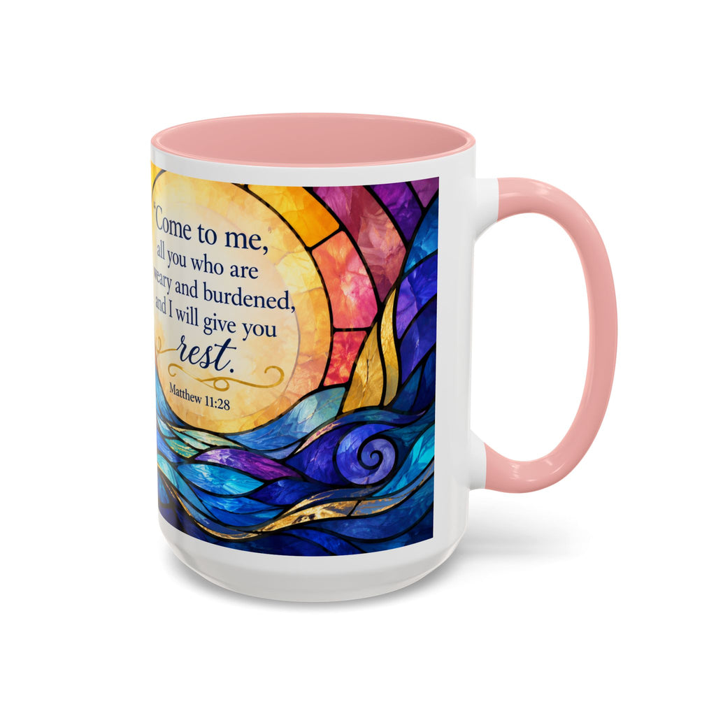 Matthew 11:28 Bible Verse Mug, Christian Coffee Cup, Come To Me All Who Are Weary Mug, Stained Glass Scripture Gift, Faith Prayer Mug