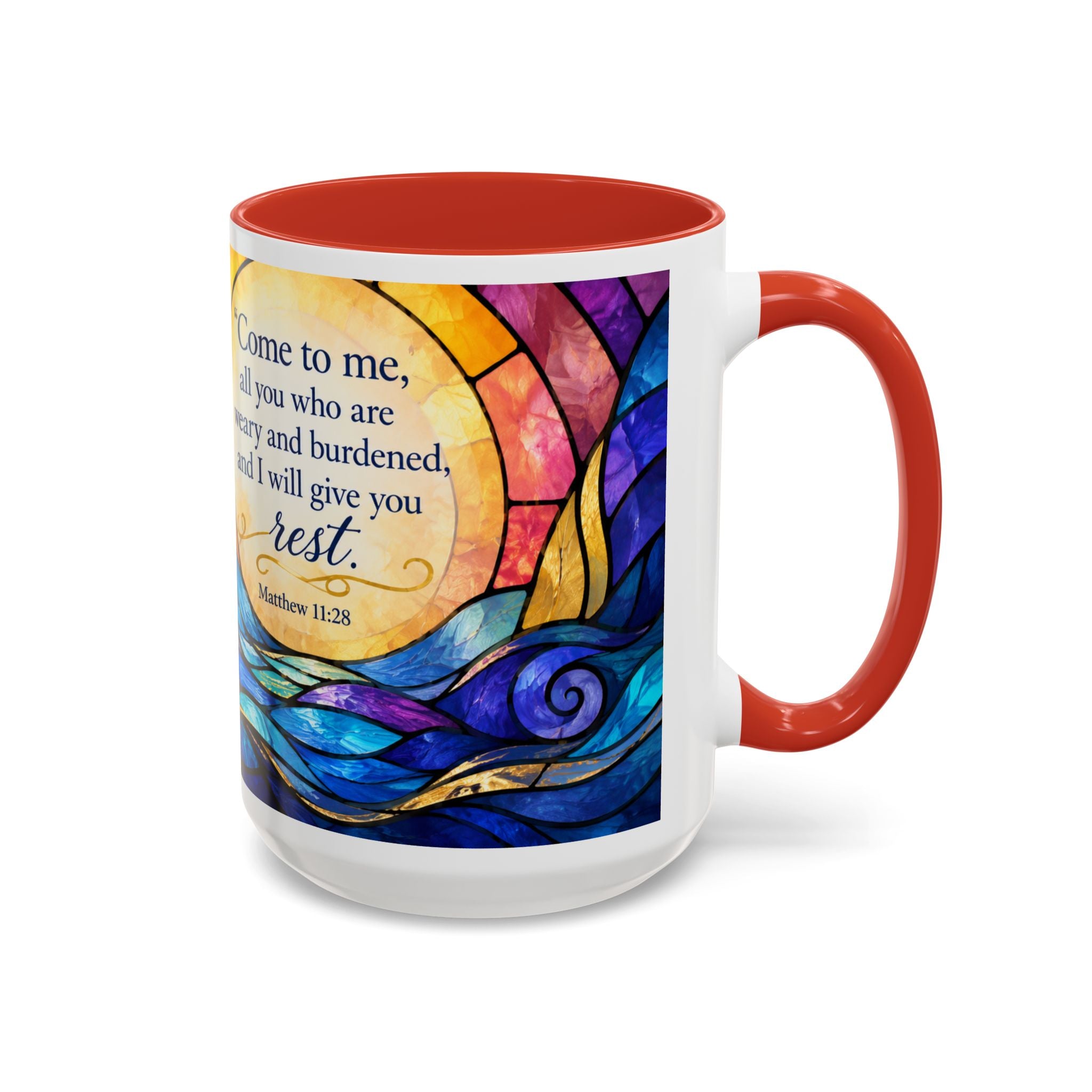 Matthew 11:28 Bible Verse Mug, Christian Coffee Cup, Come To Me All Who Are Weary Mug, Stained Glass Scripture Gift, Faith Prayer Mug