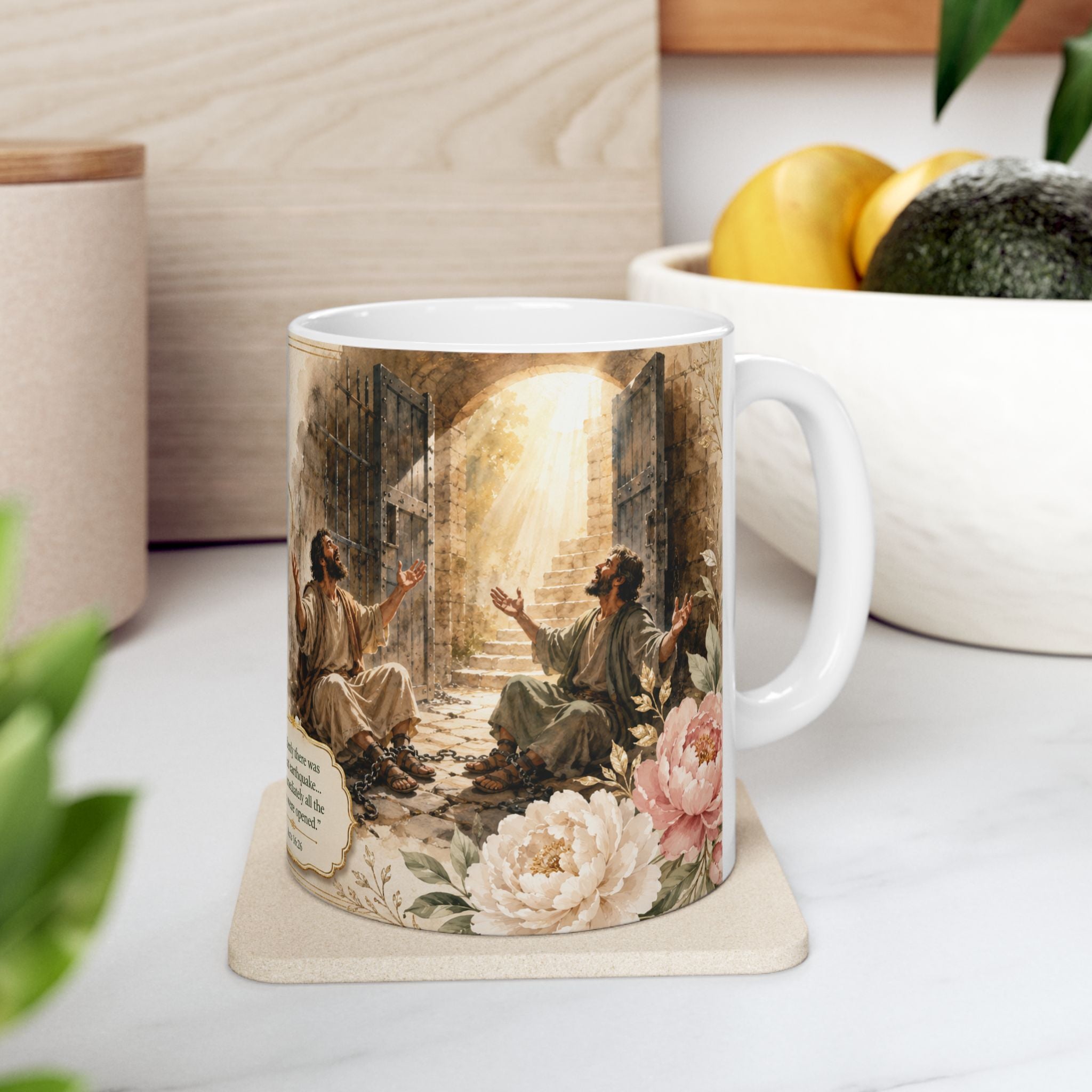 Acts 16:26 Christian Mug, He Opened the Prison Doors Bible Verse Coffee Cup, Faith Gift