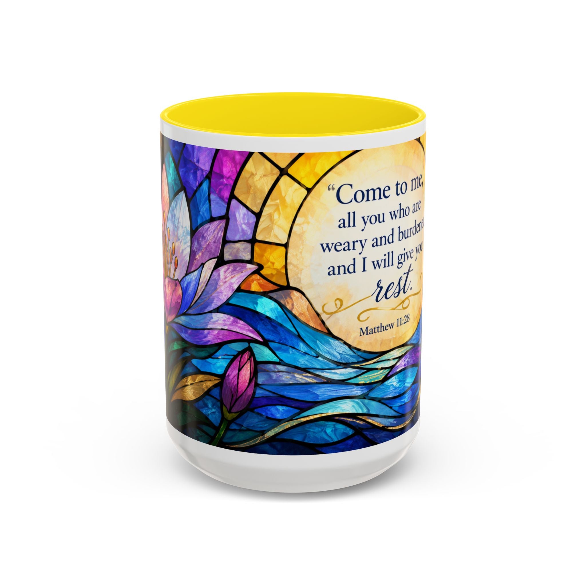 Matthew 11:28 Bible Verse Mug, Christian Coffee Cup, Come To Me All Who Are Weary Mug, Stained Glass Scripture Gift, Faith Prayer Mug