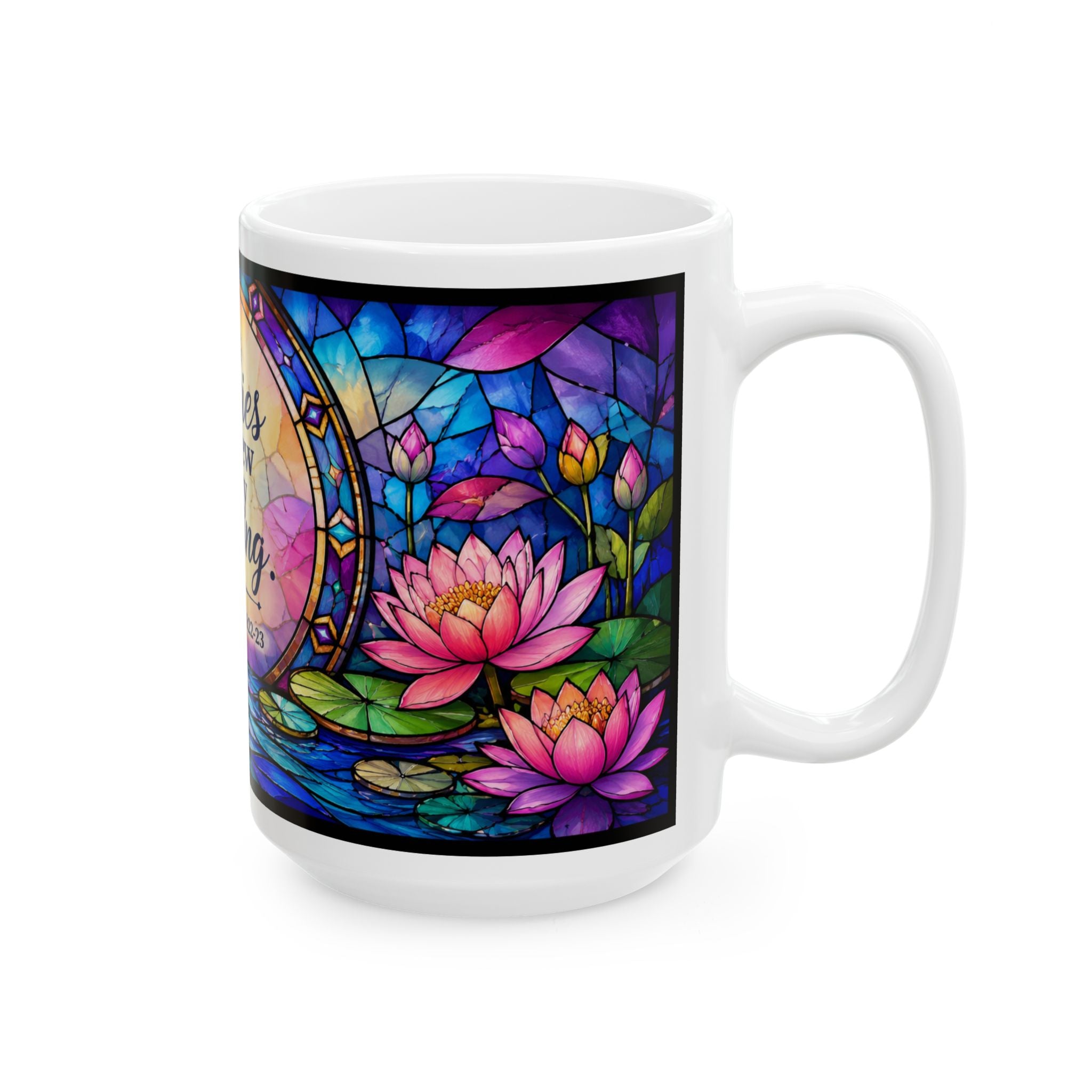 His mercies are new every morning Ceramic Mug | Lamentations 3:22-23, stained glass lotus design