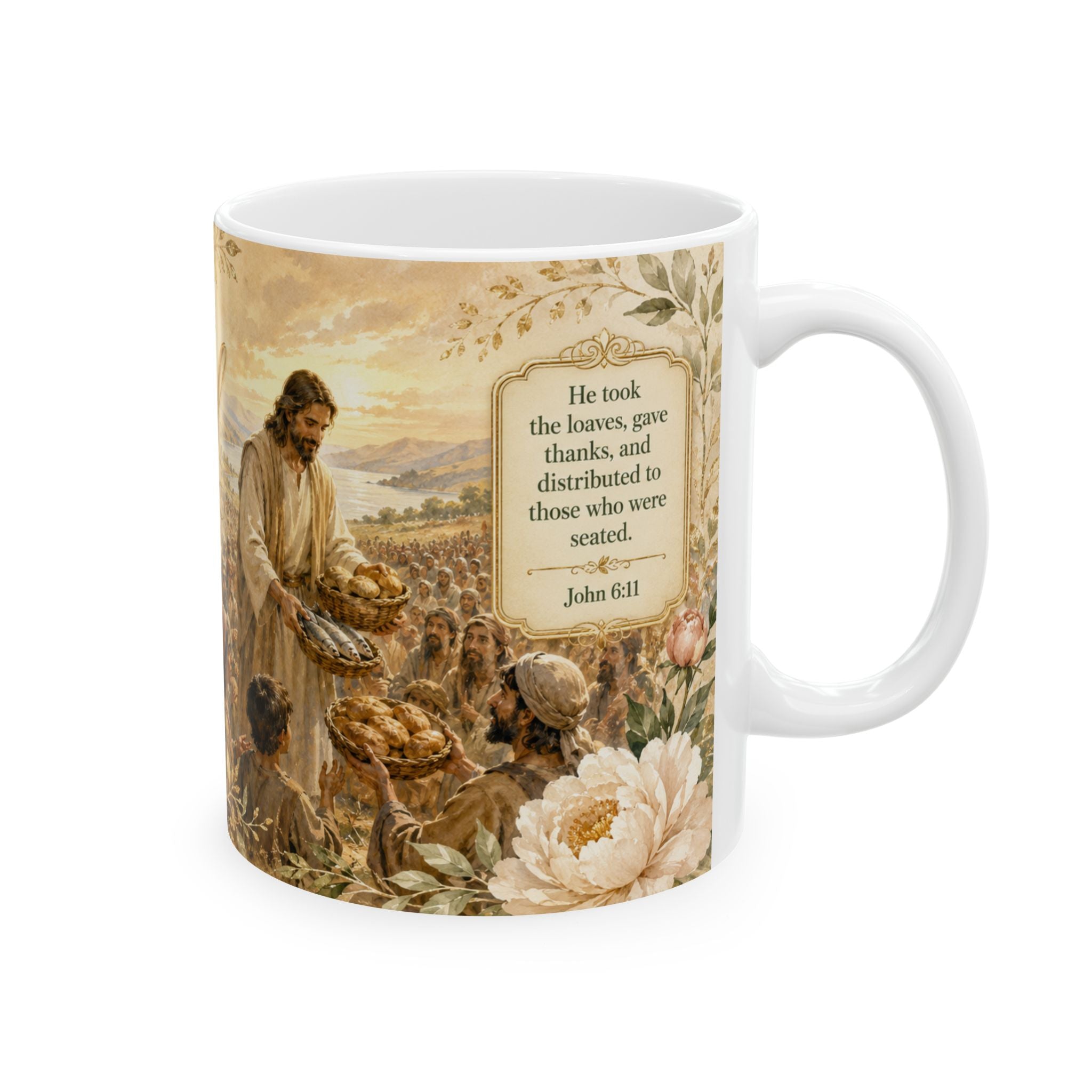 Jesus Feeds the Multitude Bible Verse Coffee Cup, Faith Gift