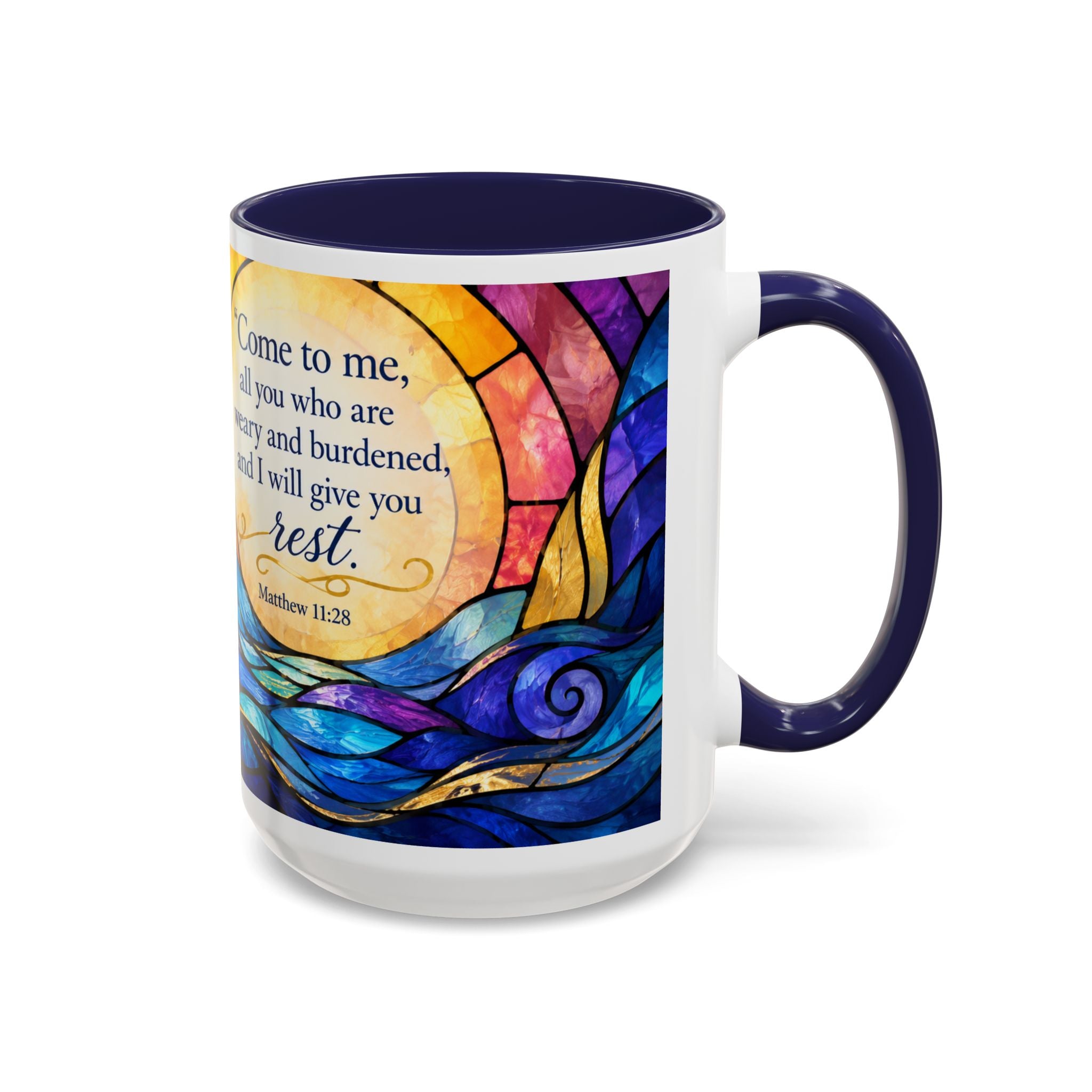 Matthew 11:28 Bible Verse Mug, Christian Coffee Cup, Come To Me All Who Are Weary Mug, Stained Glass Scripture Gift, Faith Prayer Mug