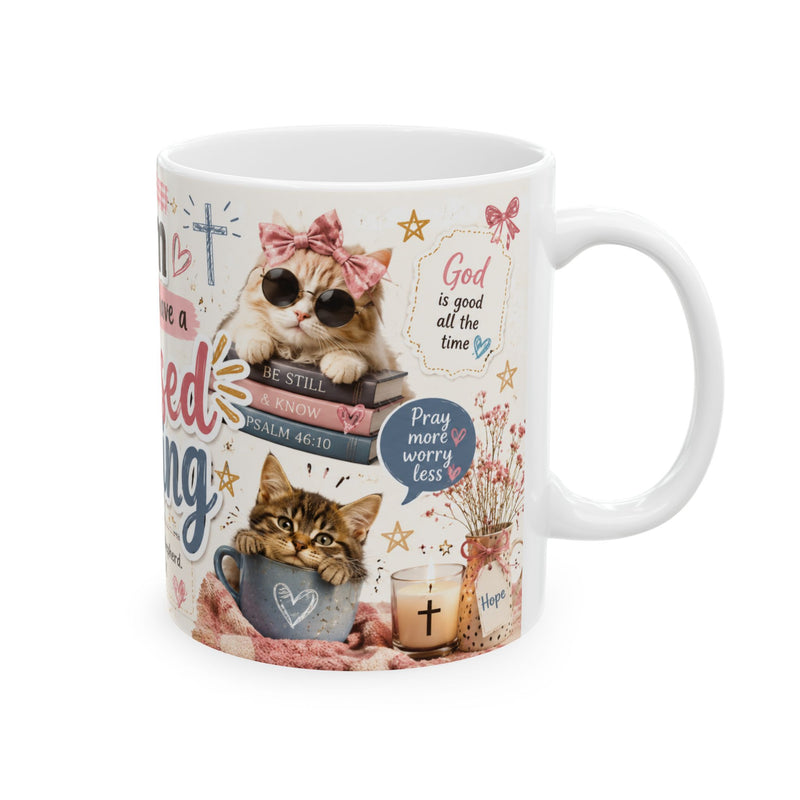 Blessed Evening mug | Christian Psalm 23:1 faith coffee cup with cat floral illustrations