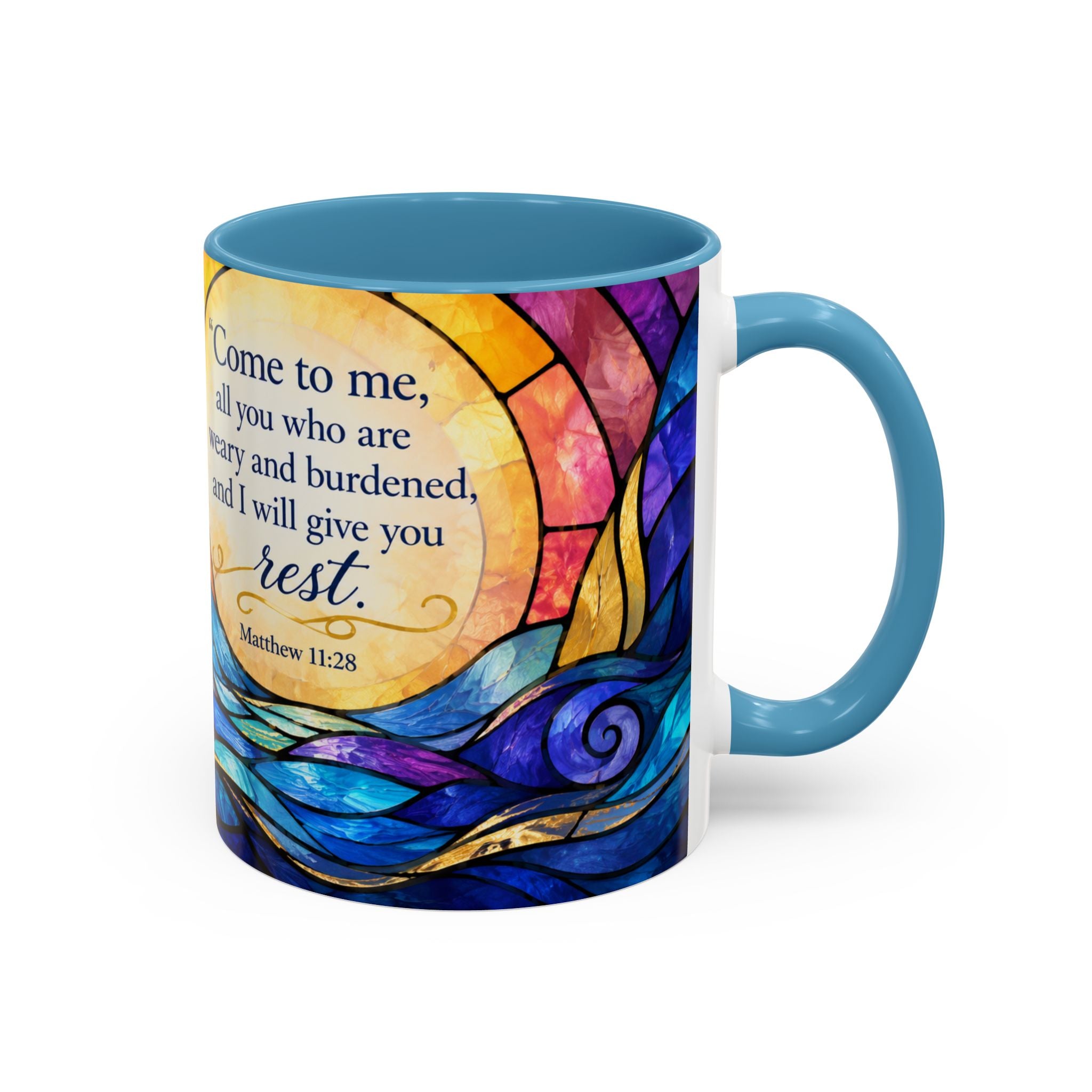 Matthew 11:28 Bible Verse Mug, Christian Coffee Cup, Come To Me All Who Are Weary Mug, Stained Glass Scripture Gift, Faith Prayer Mug