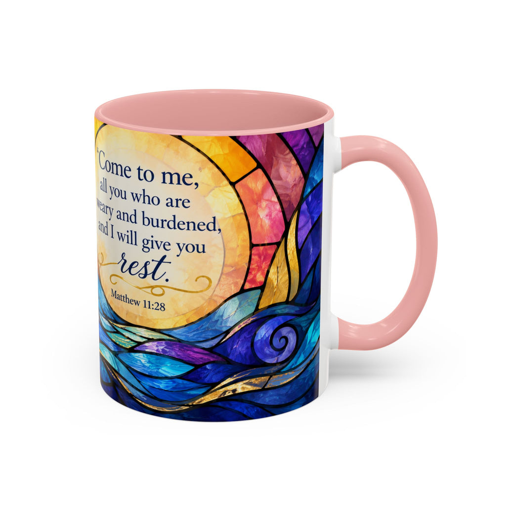 Matthew 11:28 Bible Verse Mug, Christian Coffee Cup, Come To Me All Who Are Weary Mug, Stained Glass Scripture Gift, Faith Prayer Mug
