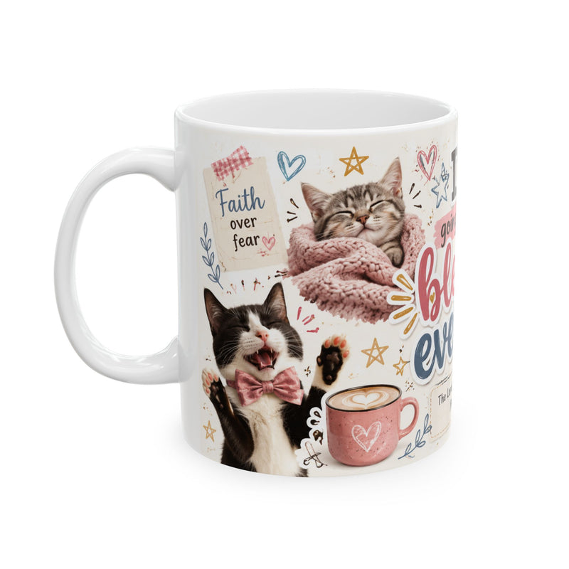 Blessed Evening mug | Christian Psalm 23:1 faith coffee cup with cat floral illustrations