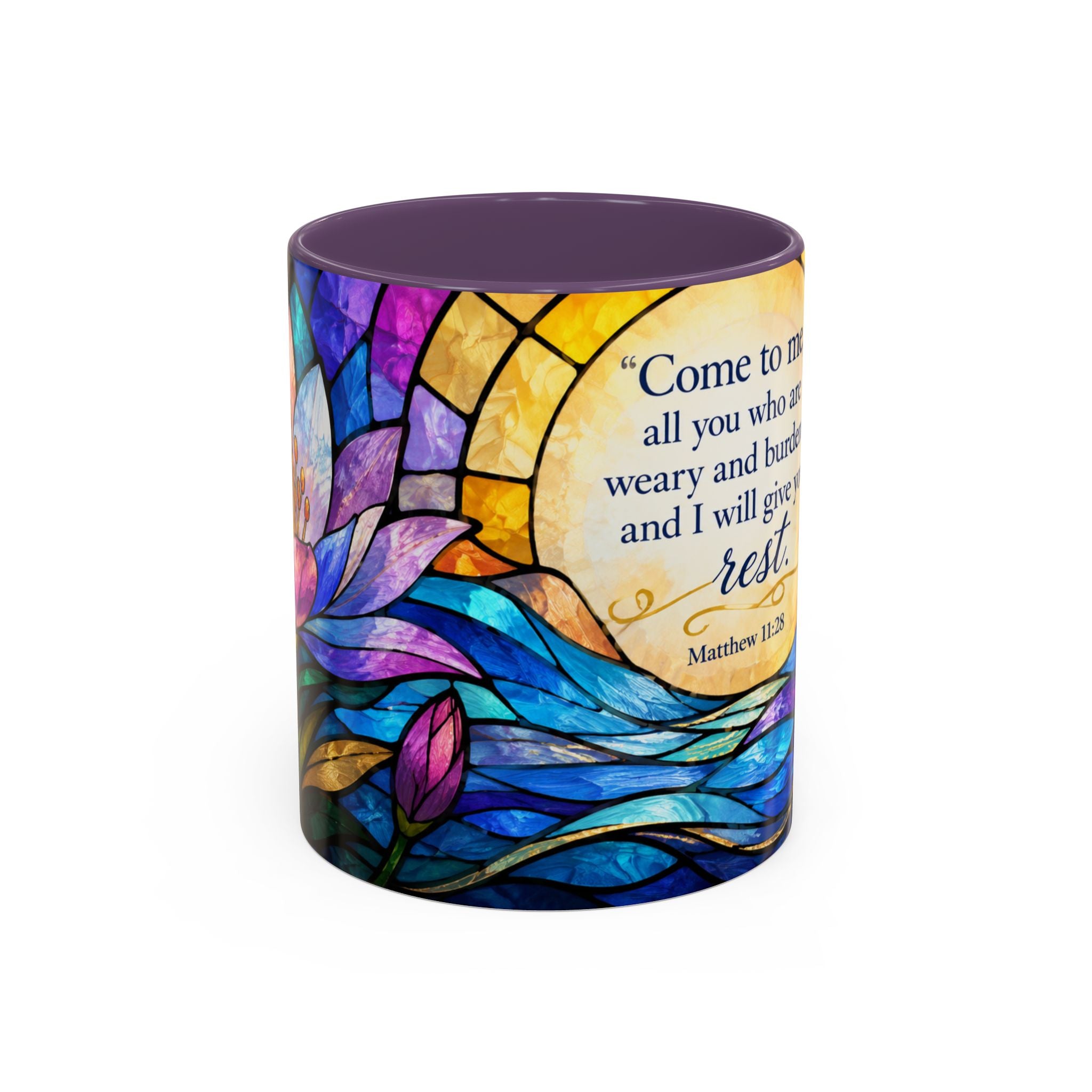 Matthew 11:28 Bible Verse Mug, Christian Coffee Cup, Come To Me All Who Are Weary Mug, Stained Glass Scripture Gift, Faith Prayer Mug