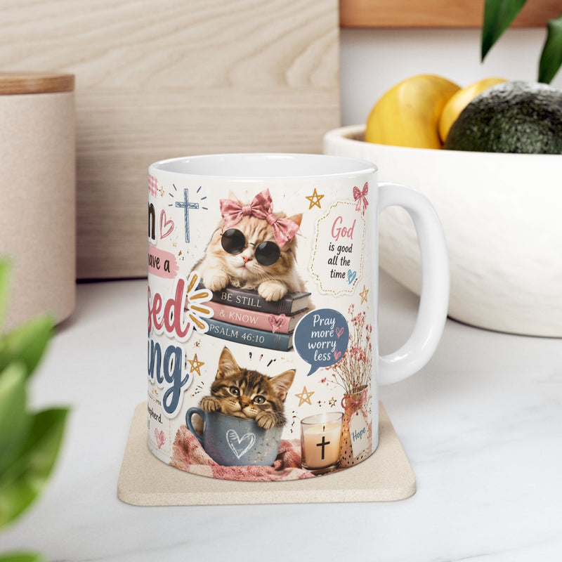Blessed Evening mug | Christian Psalm 23:1 faith coffee cup with cat floral illustrations