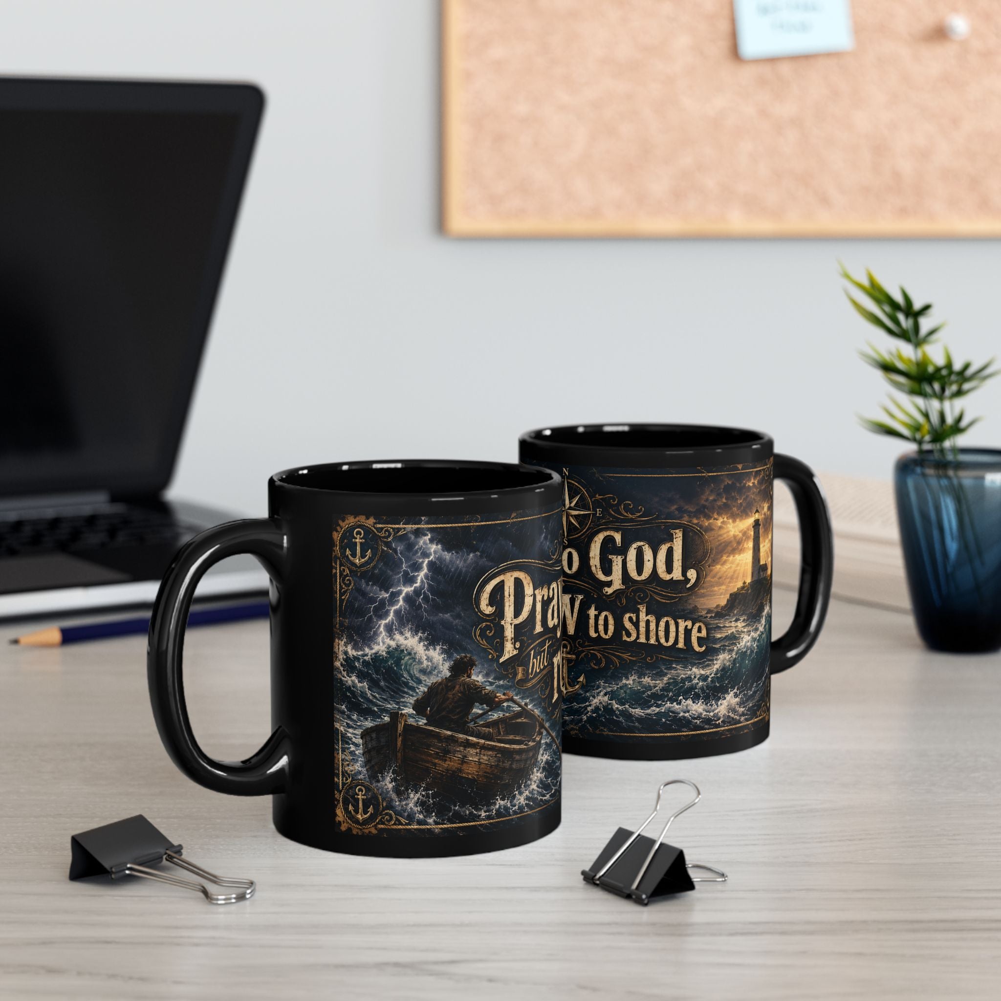 Pray to God But Row to Shore Mug, Christian Ocean Coffee Cup