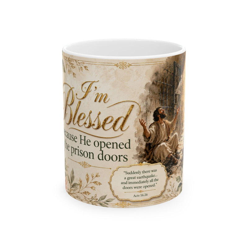 Acts 16:26 Christian Mug, He Opened the Prison Doors Bible Verse Coffee Cup, Faith Gift