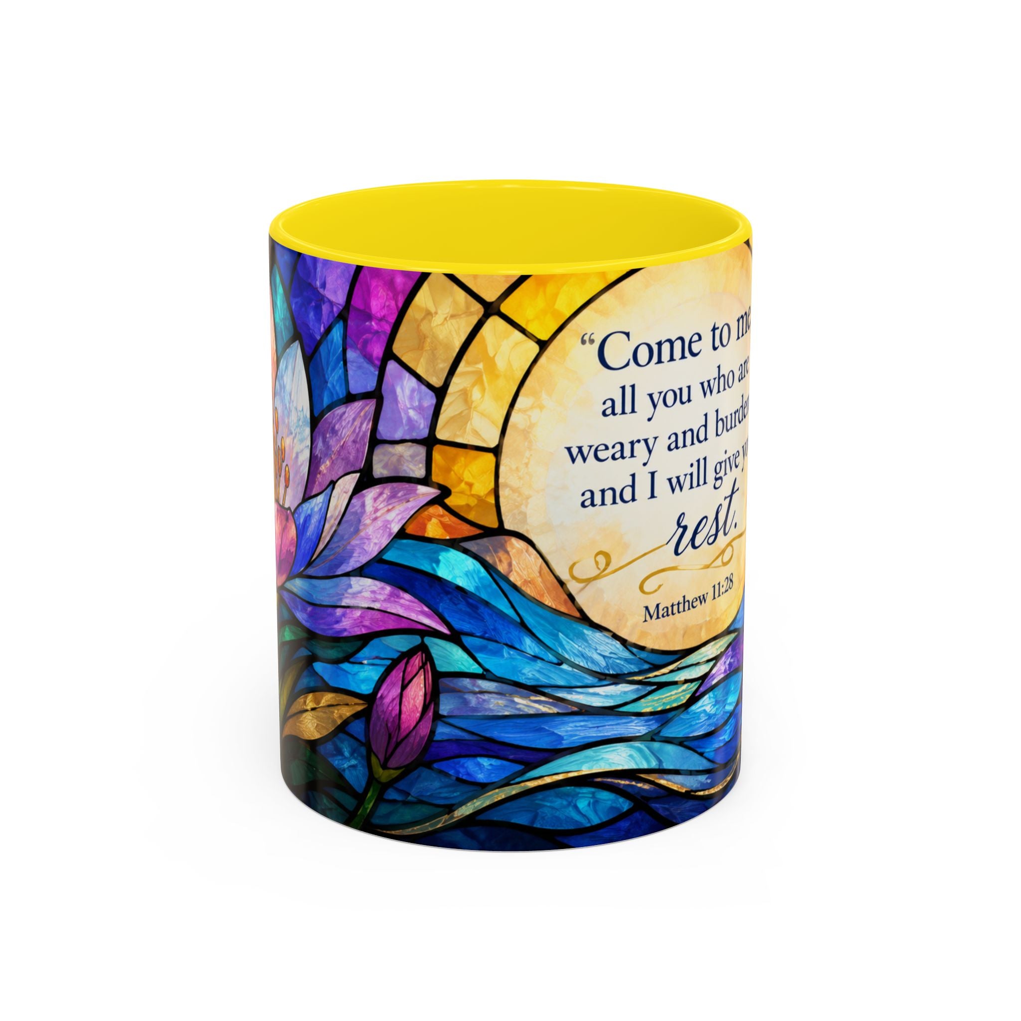 Matthew 11:28 Bible Verse Mug, Christian Coffee Cup, Come To Me All Who Are Weary Mug, Stained Glass Scripture Gift, Faith Prayer Mug