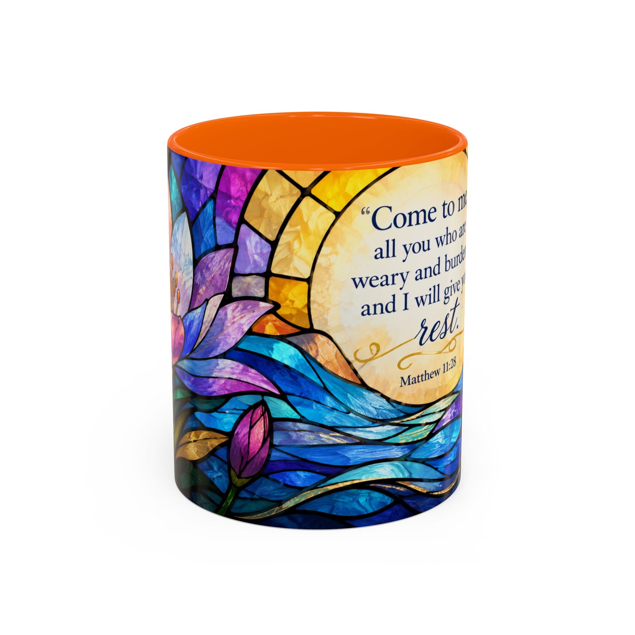 Matthew 11:28 Bible Verse Mug, Christian Coffee Cup, Come To Me All Who Are Weary Mug, Stained Glass Scripture Gift, Faith Prayer Mug