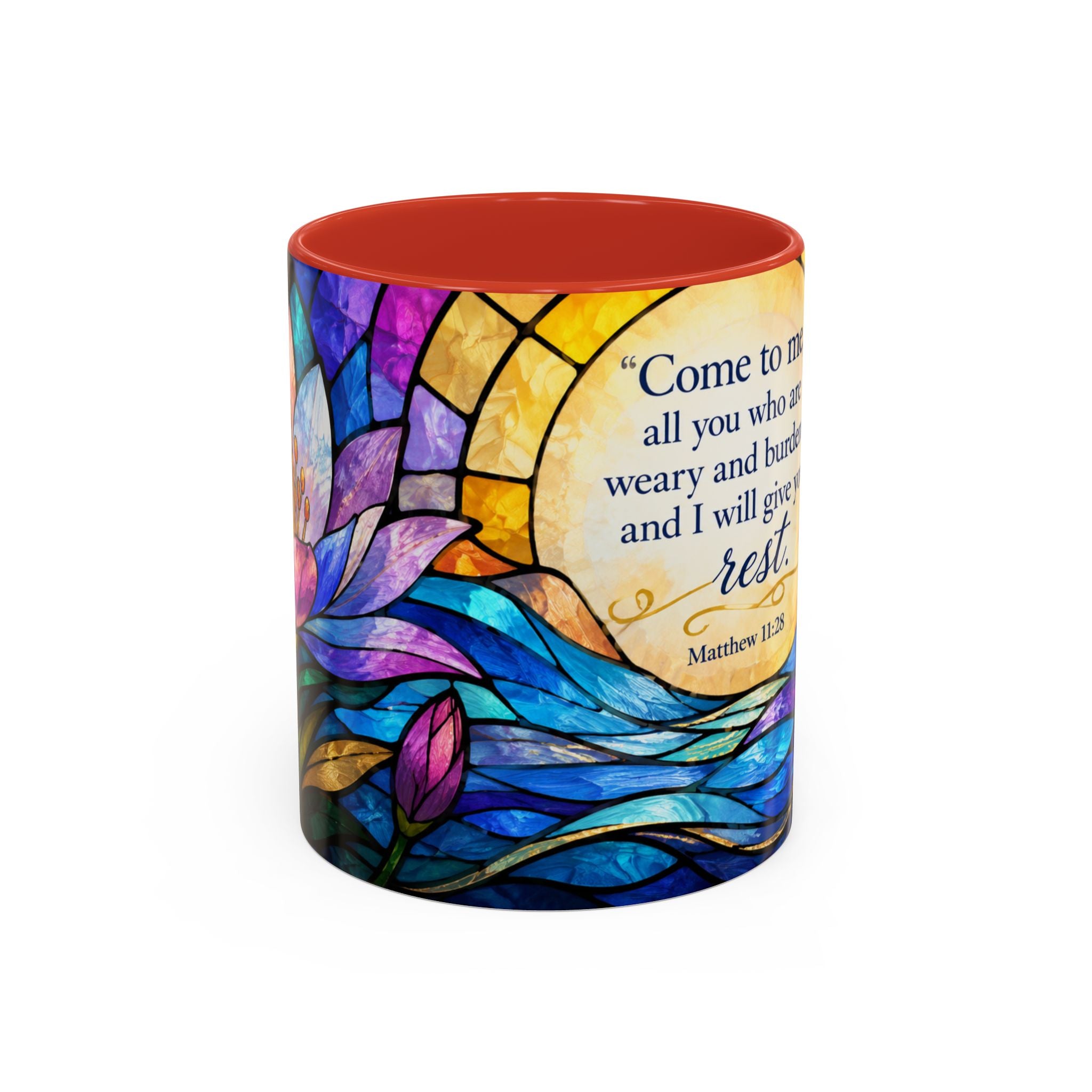 Matthew 11:28 Bible Verse Mug, Christian Coffee Cup, Come To Me All Who Are Weary Mug, Stained Glass Scripture Gift, Faith Prayer Mug