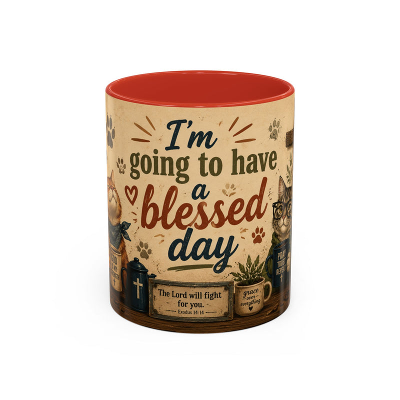Christian Cat Mug, Blessed Day Coffee Cup, Exodus 14:14 Gift