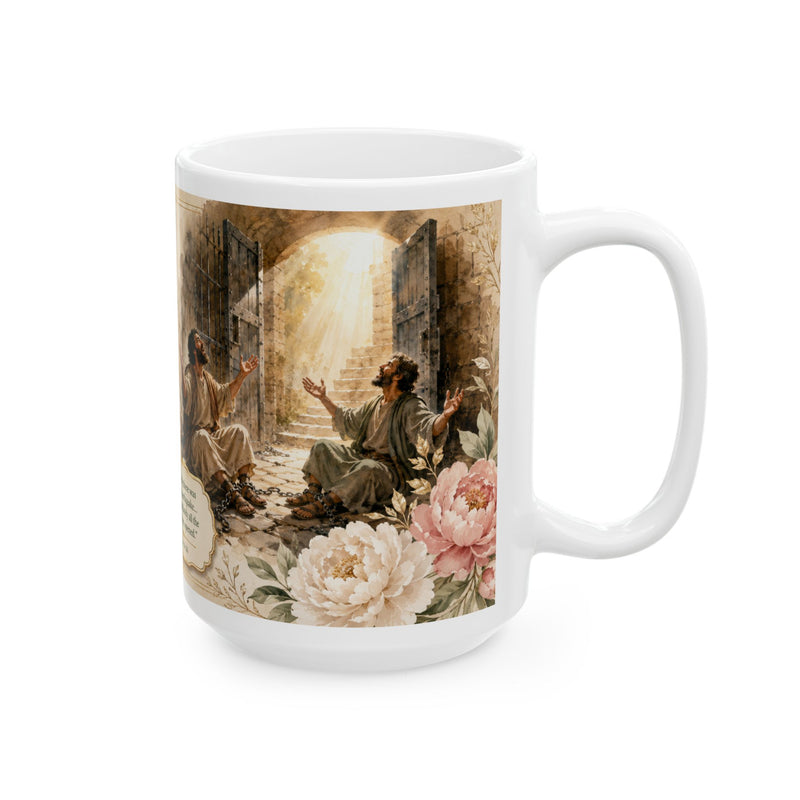 Acts 16:26 Christian Mug, He Opened the Prison Doors Bible Verse Coffee Cup, Faith Gift