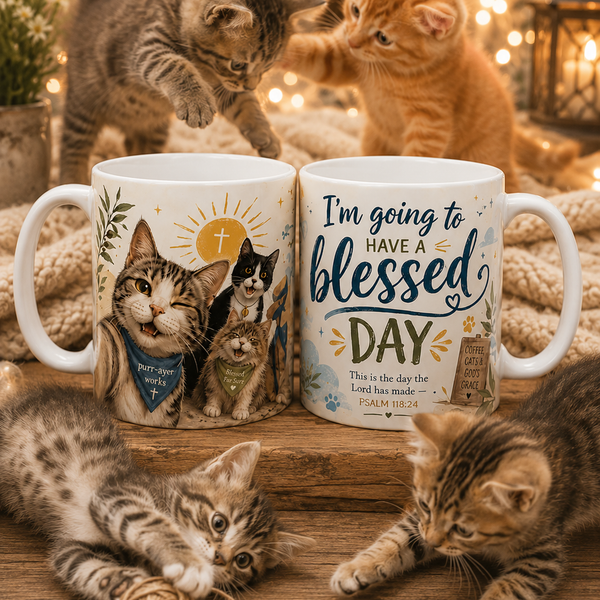 Christian Cat Mug, Cat Lover Coffee Mug, Bible Verse Mug, I'm Going to Have a Blessed Day Mug, Psalm 118:24 Christian Gift, Cute Faith Coffee Cup