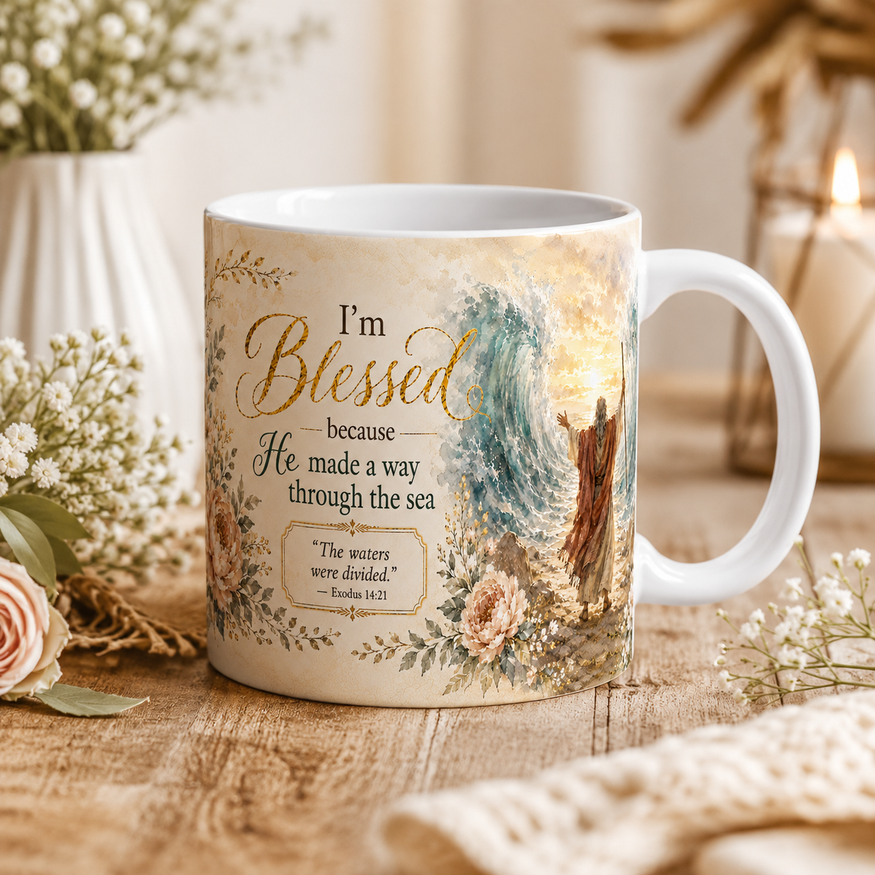 Exodus 14:21 Christian Mug, He Made a Way Through the Sea Bible Verse Coffee Cup, Faith Gift
