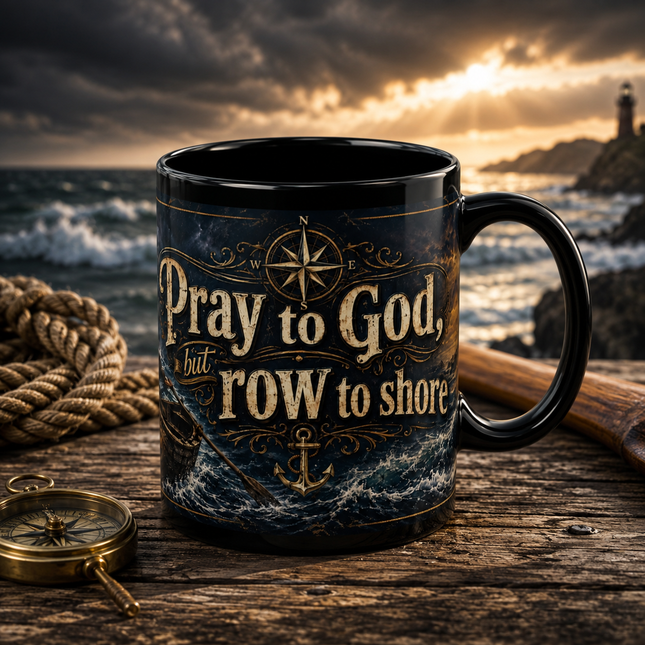 Pray to God But Row to Shore Mug, Christian Ocean Coffee Cup