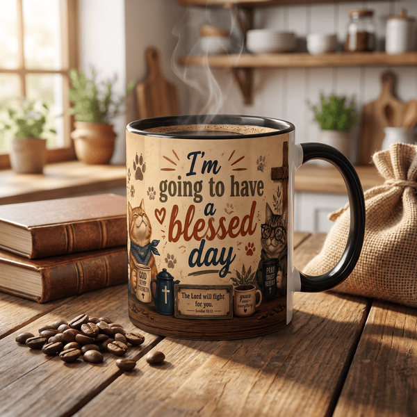 Christian Cat Mug, Blessed Day Coffee Cup, Exodus 14:14 Gift