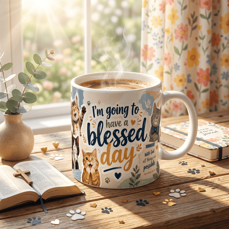 Christian Cat Mug, Blessed Day Coffee Cup, Matthew 19:26 Gift