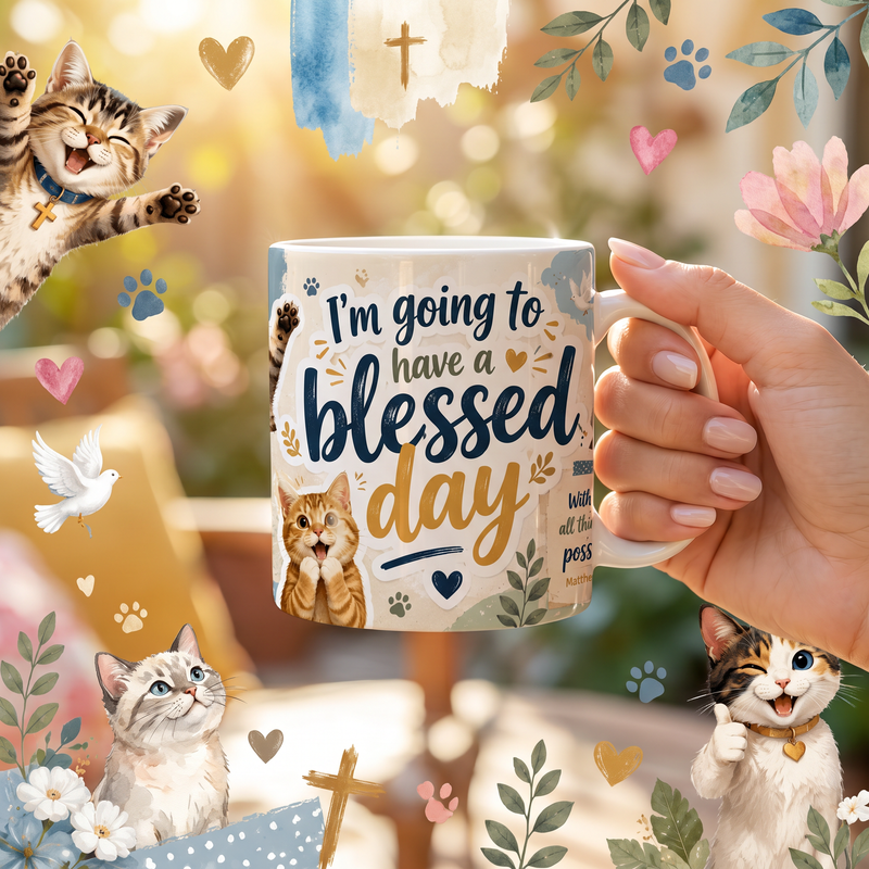 Christian Cat Mug, Blessed Day Coffee Cup, Matthew 19:26 Gift