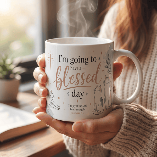 Christian Cat Mug, Blessed Day Coffee Cup, Nehemiah 8:10 Gift