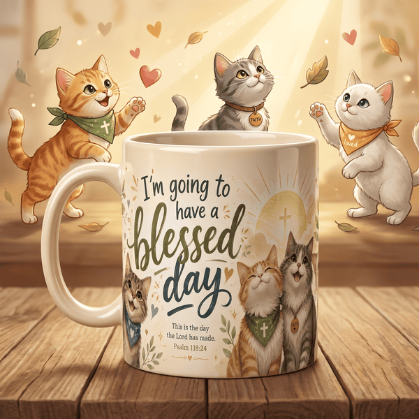 Christian Cat Mug, Blessed Day Coffee Cup, Psalm 118:24 Gift