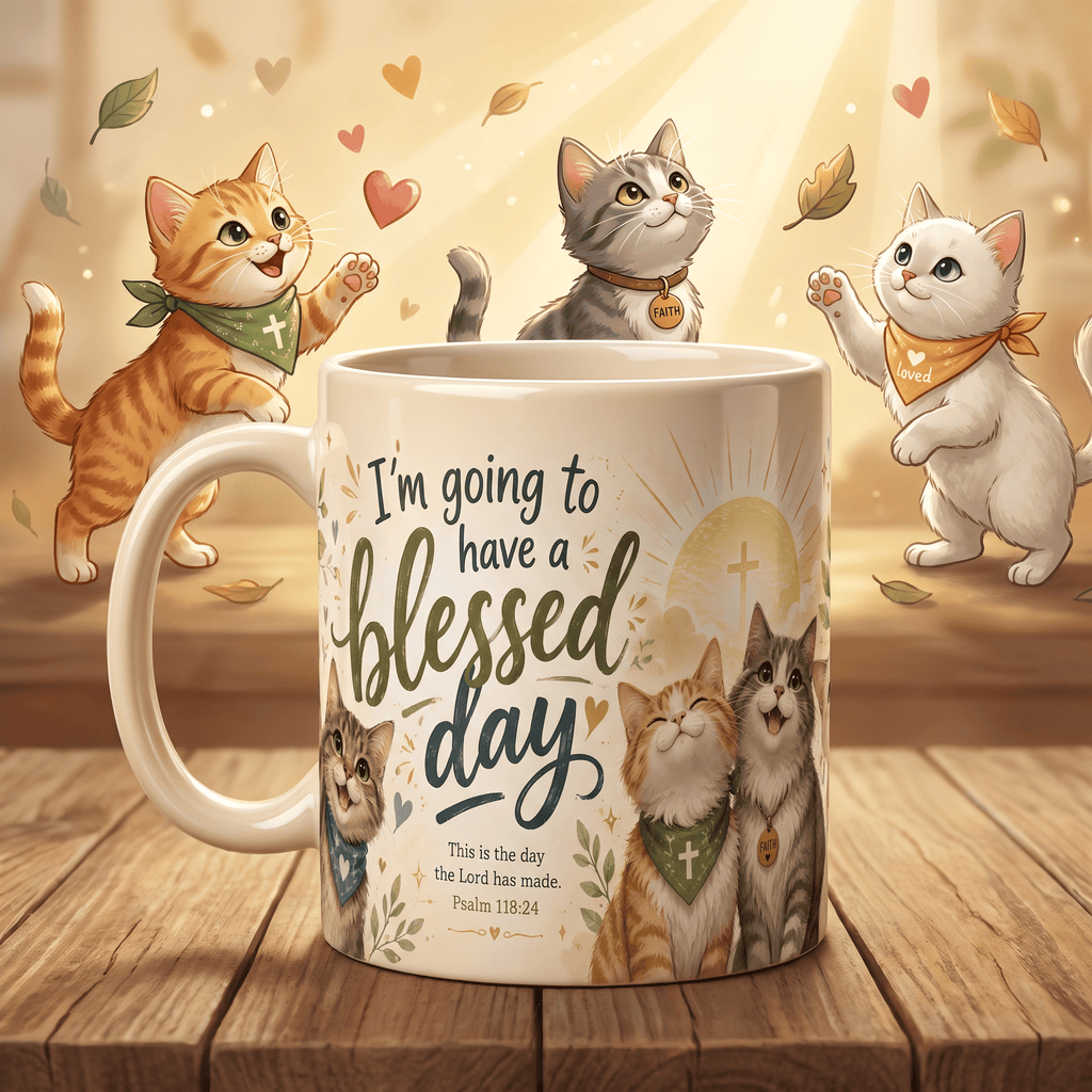 Christian Cat Mug, Blessed Day Coffee Cup, Psalm 118:24 Gift