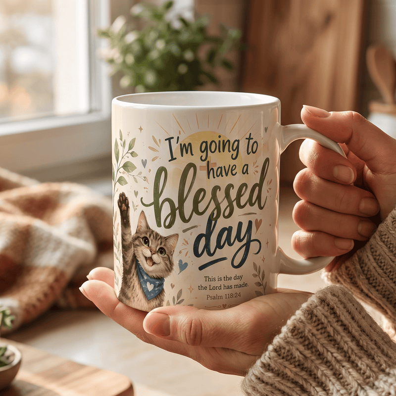Christian Cat Mug, Blessed Day Coffee Cup, Psalm 118:24 Gift