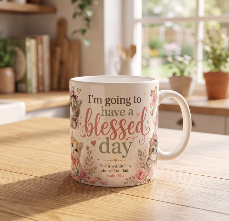 Christian Cat Mug, Blessed Day Kitten Cup, Psalm 46:5 Gift