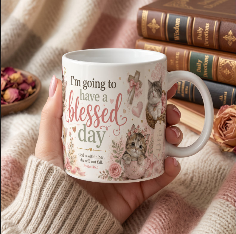 Christian Cat Mug, Blessed Day Kitten Cup, Psalm 46:5 Gift